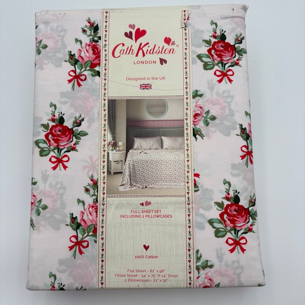 CATH KIDSTON Cotton Rose and Bow PINK Love 4pc Sheet Set‎ Coquette FULL Soft